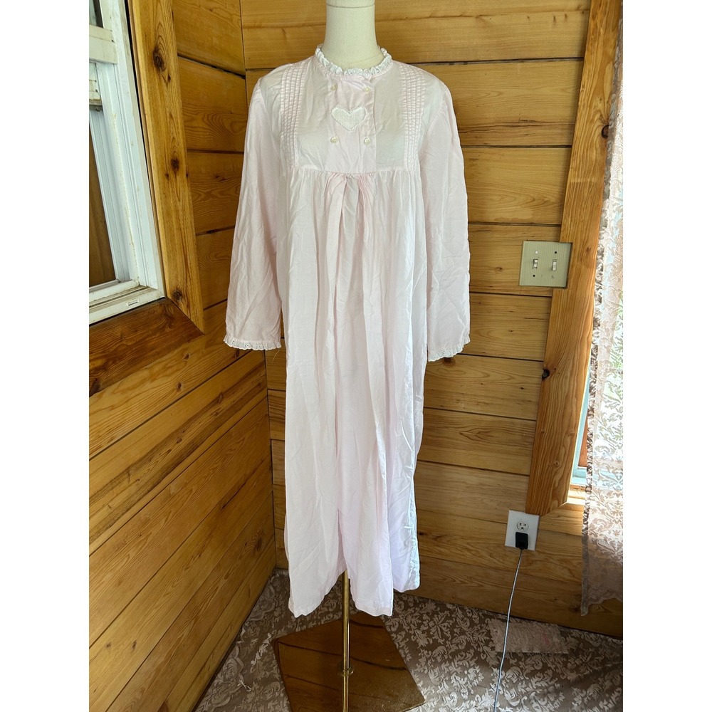 Vintage Cotton Nightgown Women Large Pink Eyelet Lace Heart Nocturne Nighty Retr